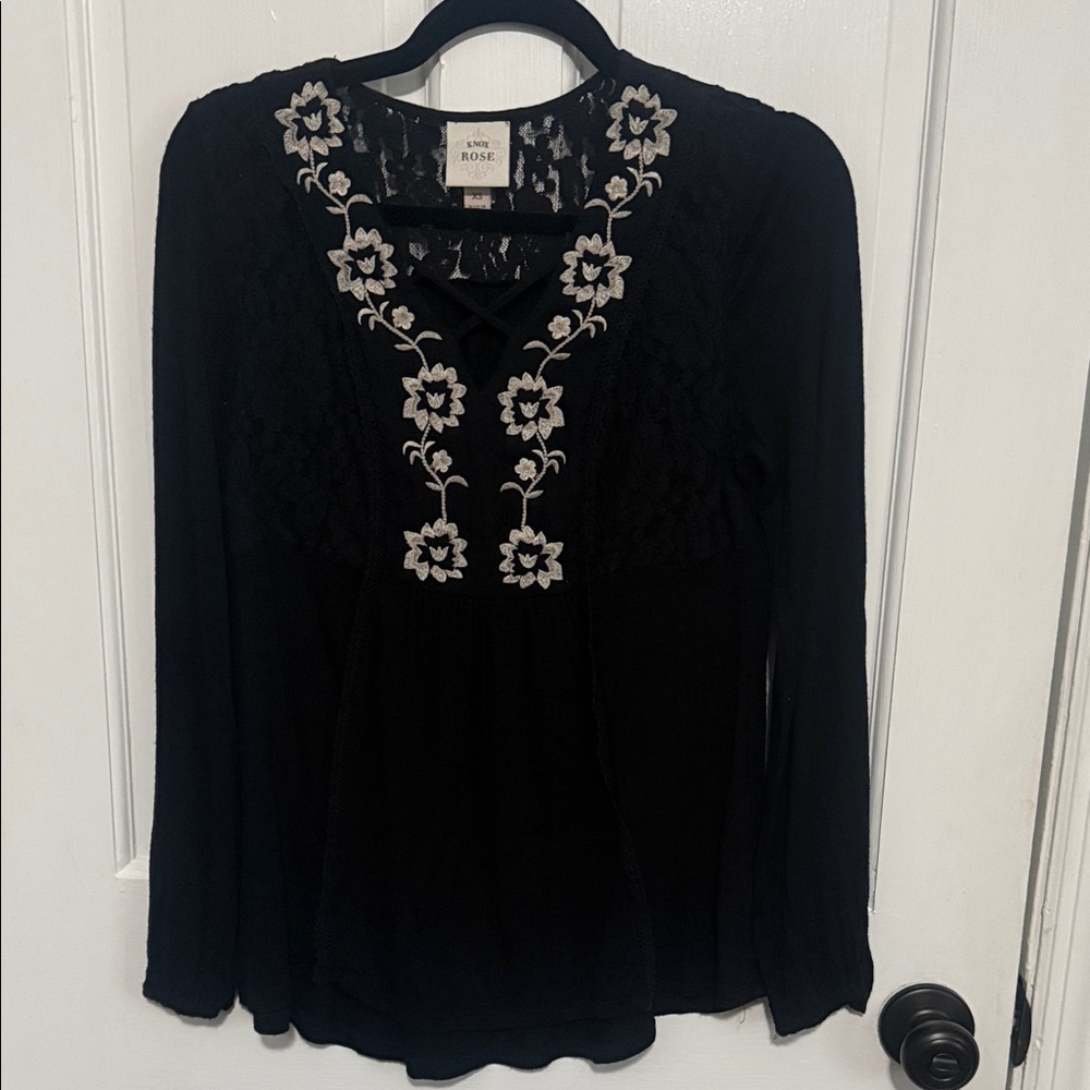 Knox Rose Black Long-Sleeve Blouse with White Floral Embroidery